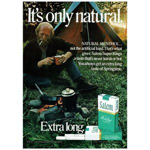 1972 Salem Cigarettes It's Only Natural Vintage Print Ad Man Camping Campfire
